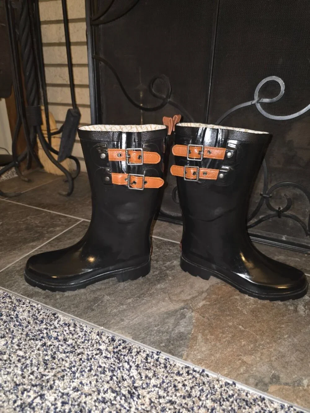 Chooka Rain Boots Mid-Calf Black Double Brown Straps Women's Size 5 Wellies ☔